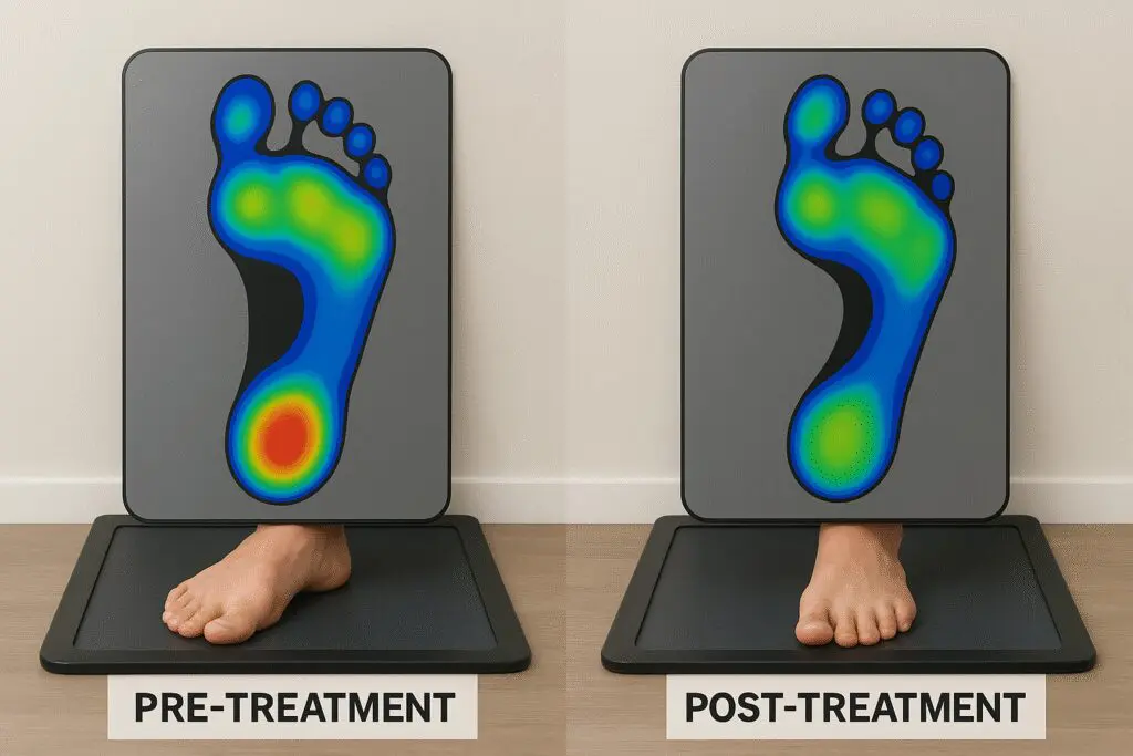 Podiatrist conducting real-time plantar pressure mapping using clinical gait diagnostic technology