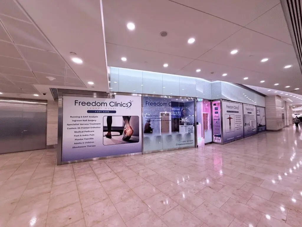 Exterior of podiatry-focused foot health clinic in Canary Wharf offering corns and calluses treatment by appointment