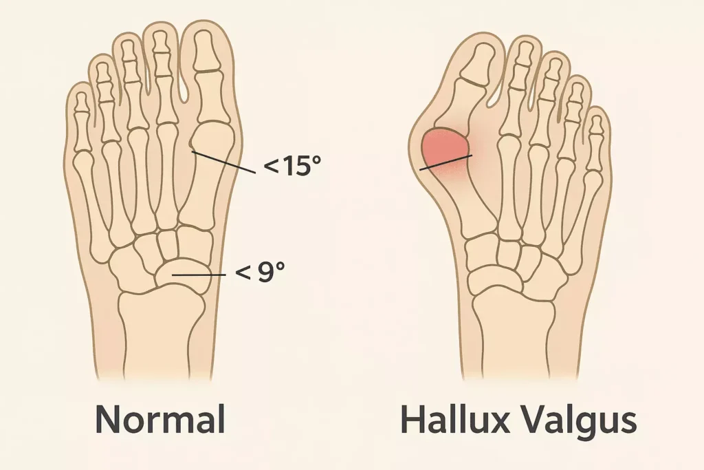 Comparative foot anatomy showing medial deviation of the first metatarsophalangeal joint in hallux valgus development