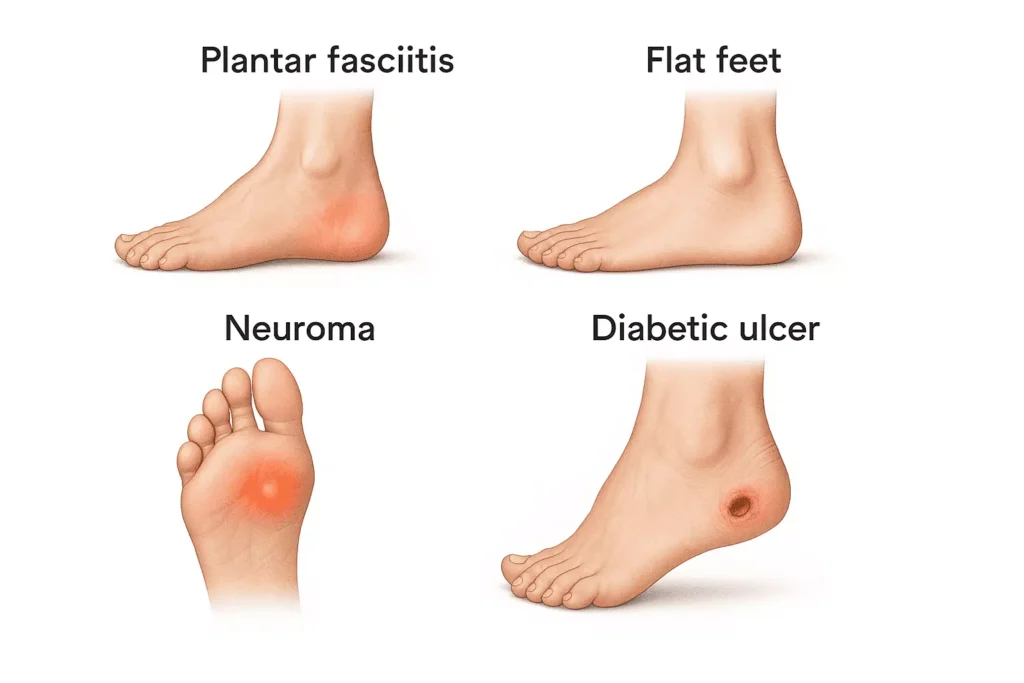 Medical illustration of foot conditions commonly managed using custom podiatric orthotics