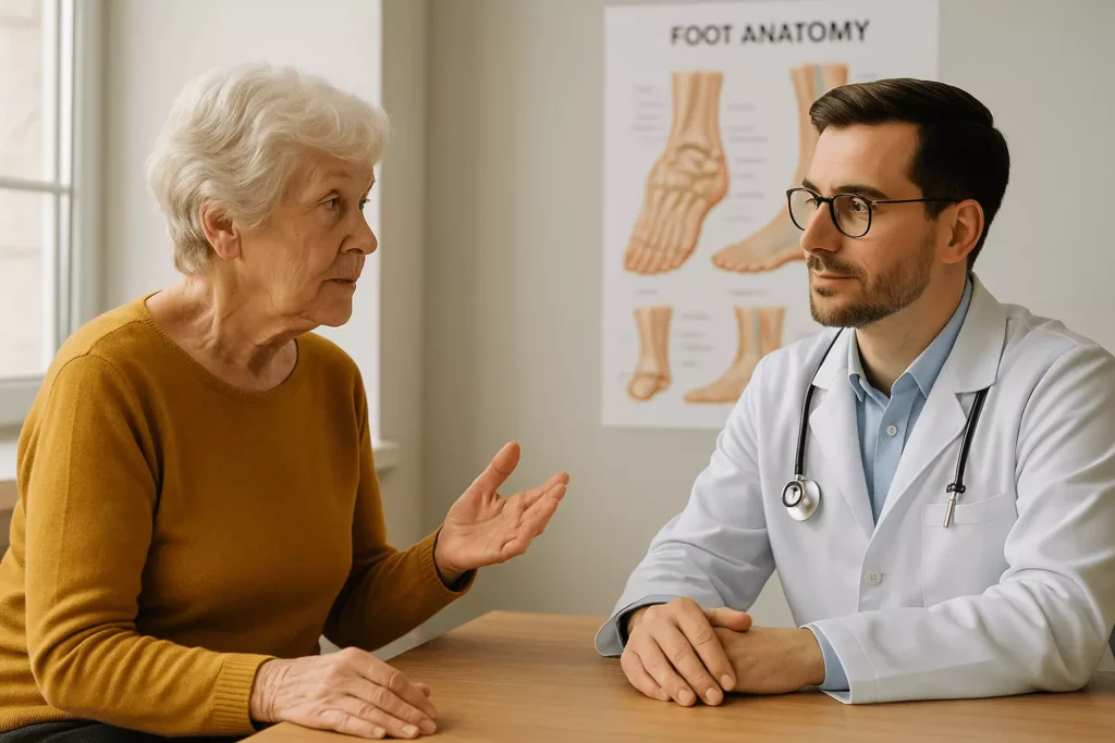 Informed consultation on foot structure changes between senior patient and podiatric specialist