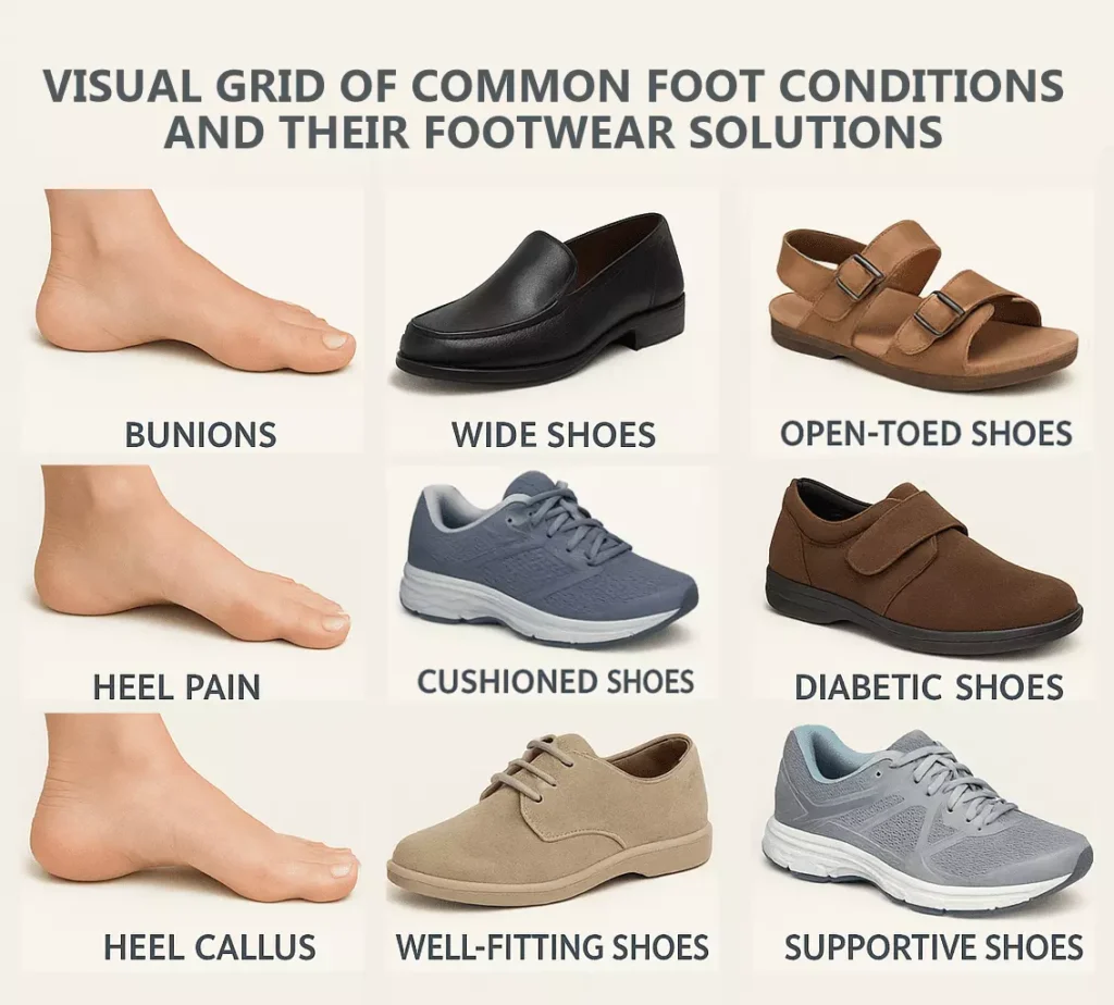 Foot conditions requiring medical-grade shoe features Clinical overview of bunions, flat feet, diabetic ulcers, and heel pain with annotated footwear adaptations for orthotic support and pressure relief.