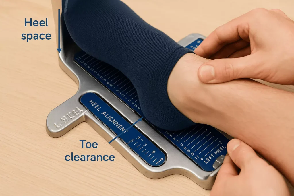 Testing shoe fit for comfort and biomechanical alignment Person performing foot fit check using toe spacing and heel grip test to evaluate shoe compatibility with natural foot morphology.