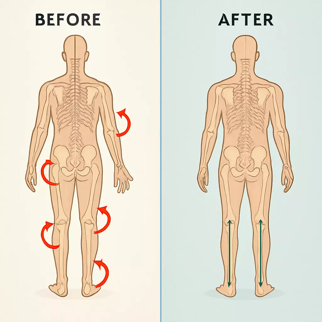 Visual diagram of lower kinetic chain alignment influenced by custom foot orthotics