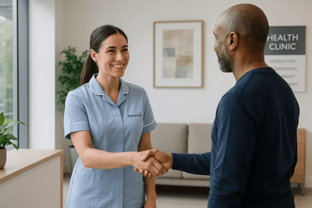 Friendly London podiatrist welcoming patient to Freedom Clinics for heel pain consultation