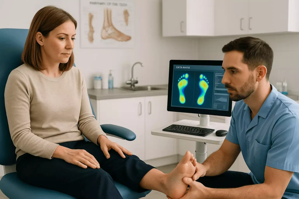 Podiatrist evaluating foot mechanics using gait assessment technology during plantar fasciitis consultation