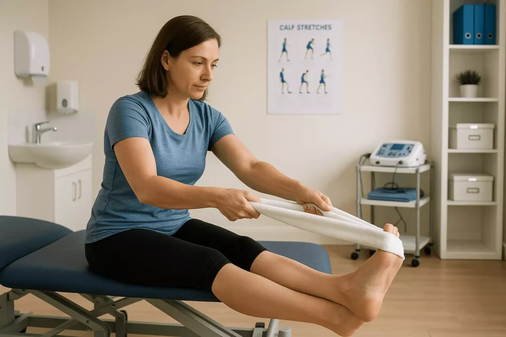 Stretching exercise to reduce plantar fascia tension and support foot arch flexibility