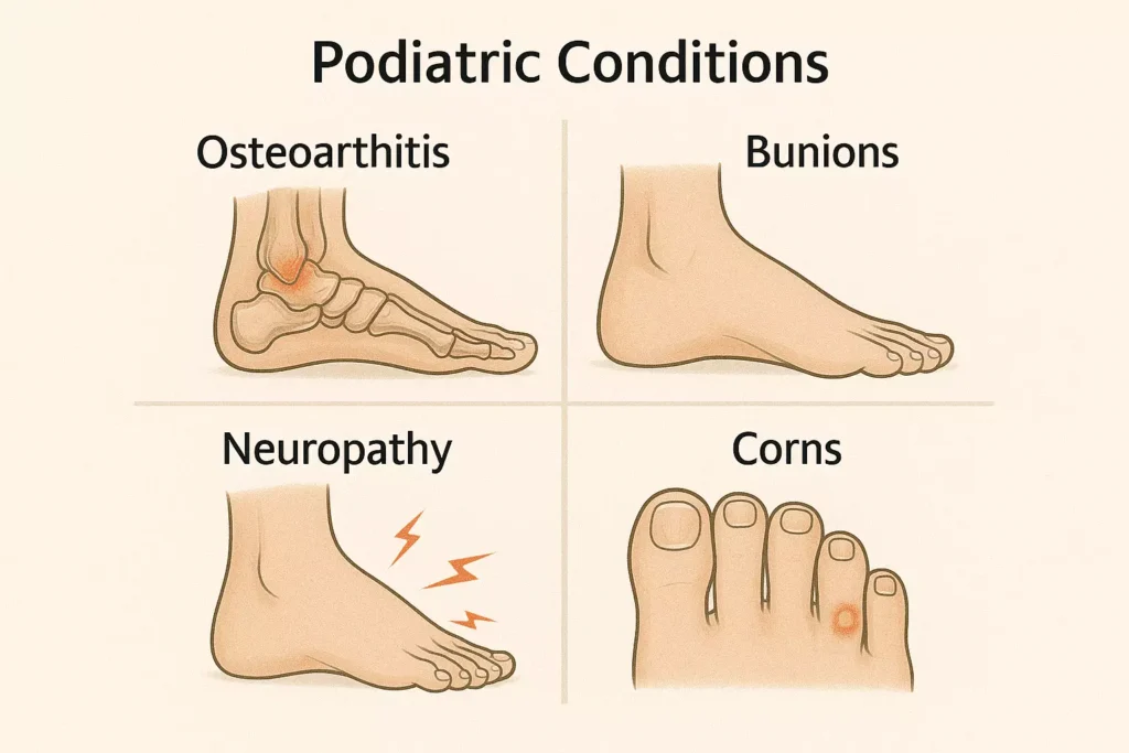 Clinical manifestation of systemic and biomechanical disorders in elderly feet, including joint degeneration and sensory loss