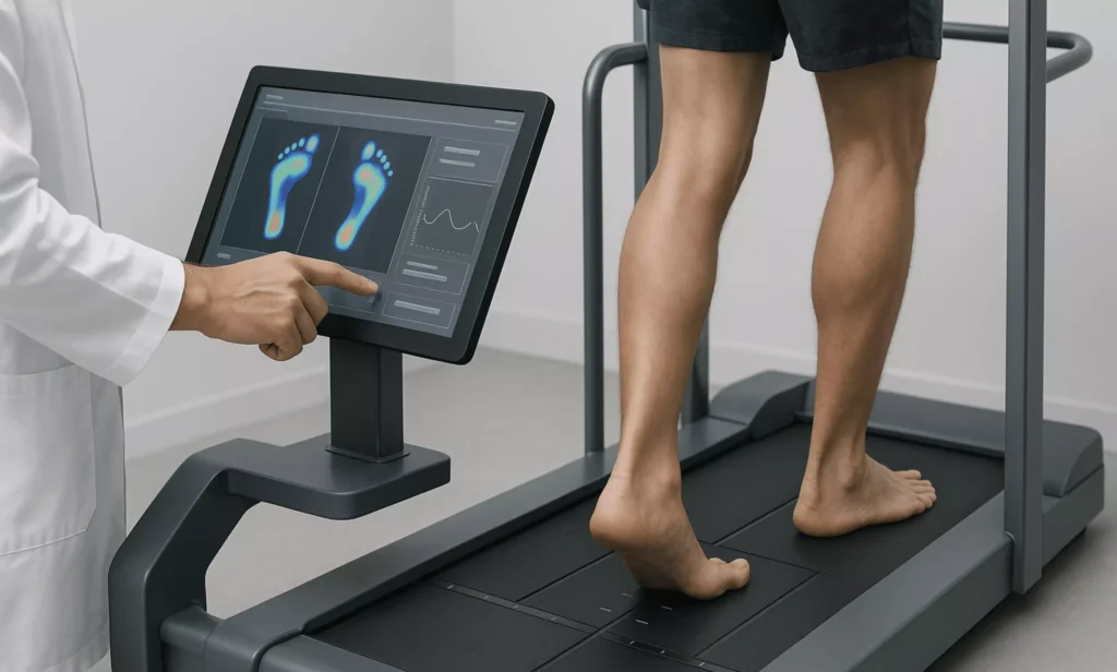 When footwear problems require specialist intervention Clinical podiatrist conducting gait analysis to assess orthotic needs, posture compensation, and misalignment causing foot discomfort