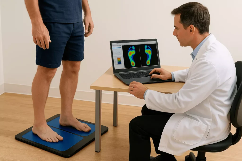 Podiatry diagnosis workflow for first-step heel pain Podiatrist performing gait analysis to identify biomechanical contributors to plantar tension