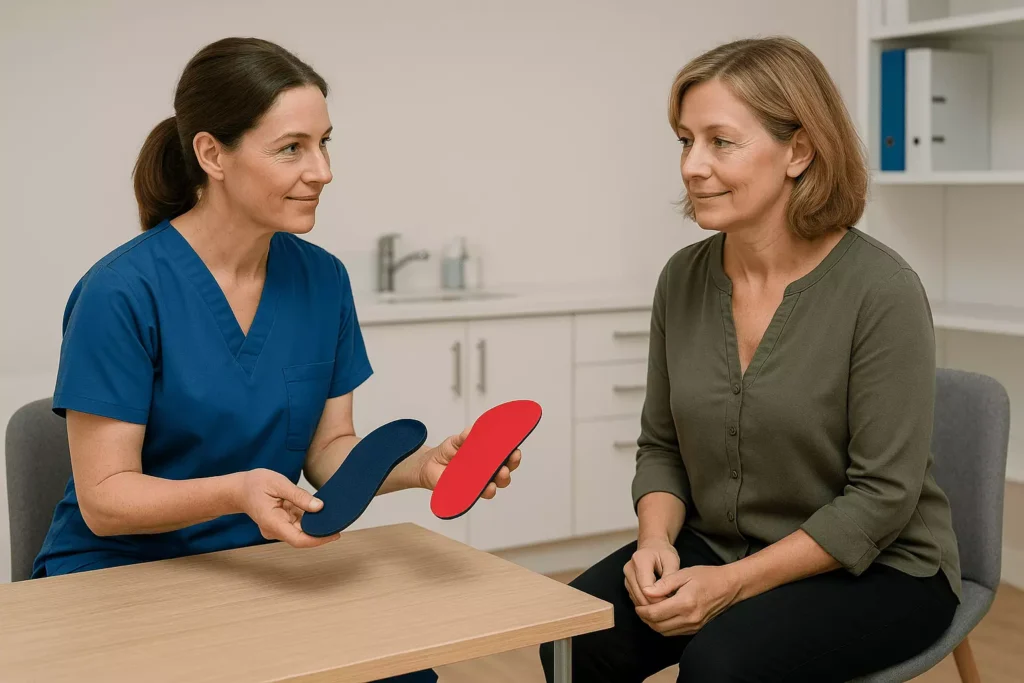 Clinician discussing orthotic pricing and fitting options in a private London clinic setting