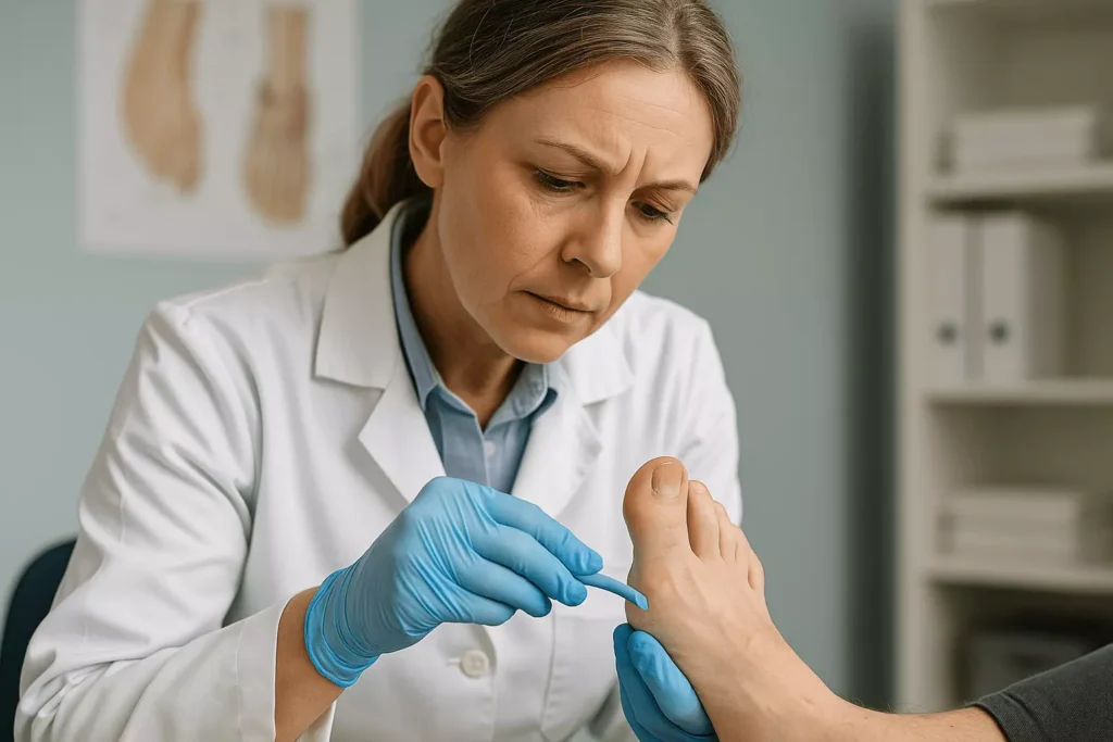 Clinical podiatry consultation for foot skin & nail symptoms Licensed podiatrist assessing plantar skin condition with dermoscopy for early detection of viral or fungal anomalies