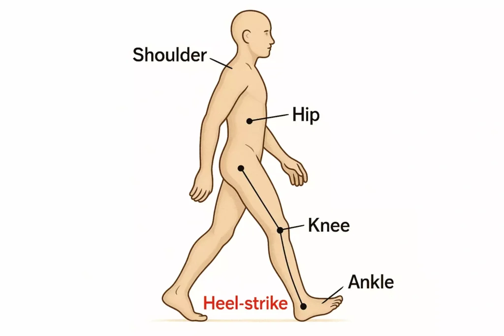 Visual representation of walking gait with heel-strike and lower limb joint coordination in upright locomotion