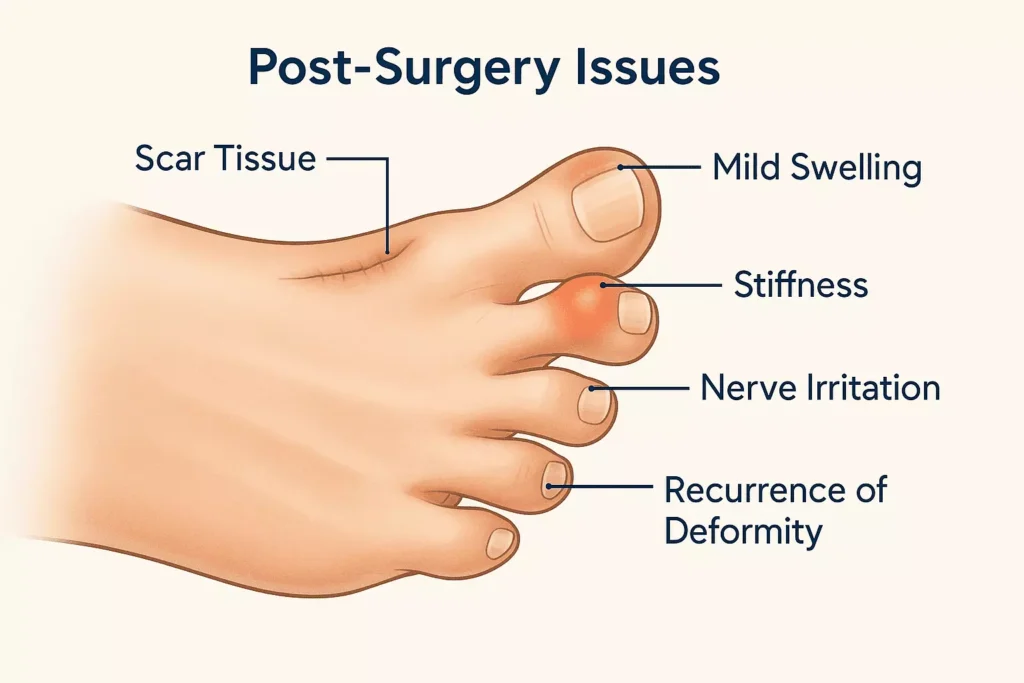 Possible complications following hallux valgus correction including swelling and joint stiffness
