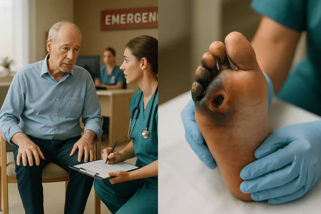 Late-stage CLI emergency presentation including gangrene and rest pain requiring urgent vascular escalation