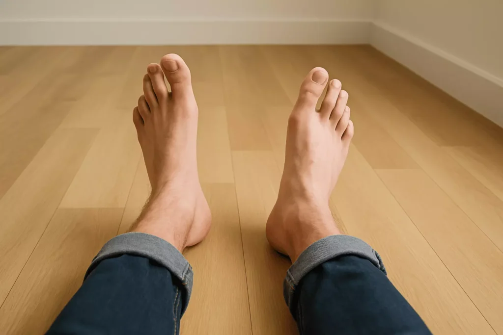 Person with visible foot drop due to peroneal nerve dysfunction exhibiting altered gait mechanics