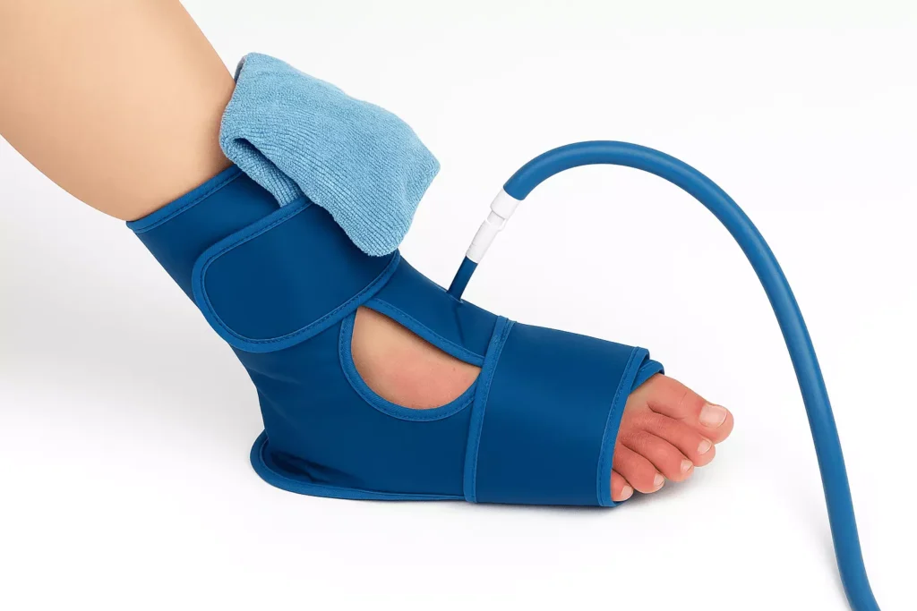 Therapeutic application of cold pack and compression to reduce swelling and redness in foot