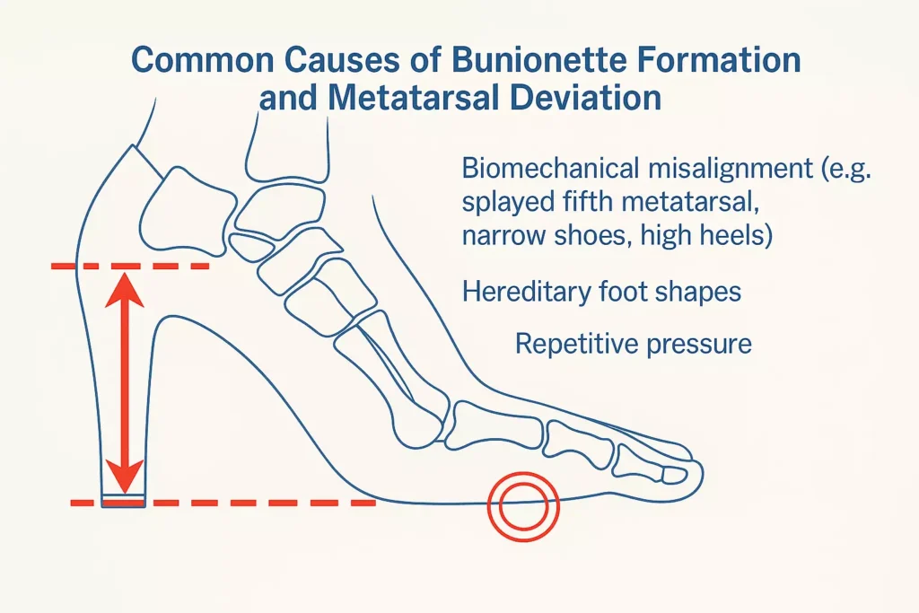 Contributing factors to lateral forefoot joint stress including ill-fitting footwear, hereditary foot shapes, and repetitive pressure