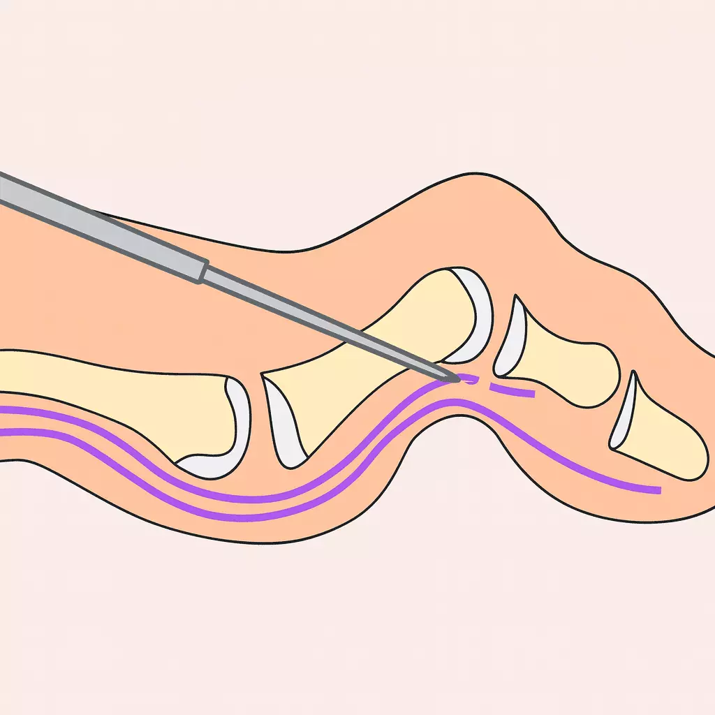 Flexor tenotomy for mallet toe correction Diagram of flexor tenotomy correcting mallet toe at the distal interphalangeal joint