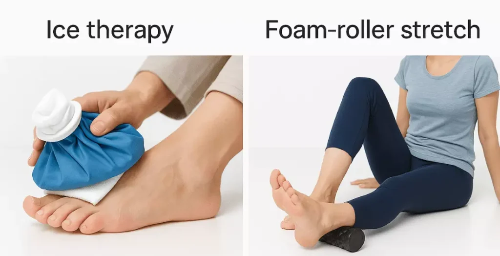 Self-care foot relief techniques including cryotherapy and mobility stretching
