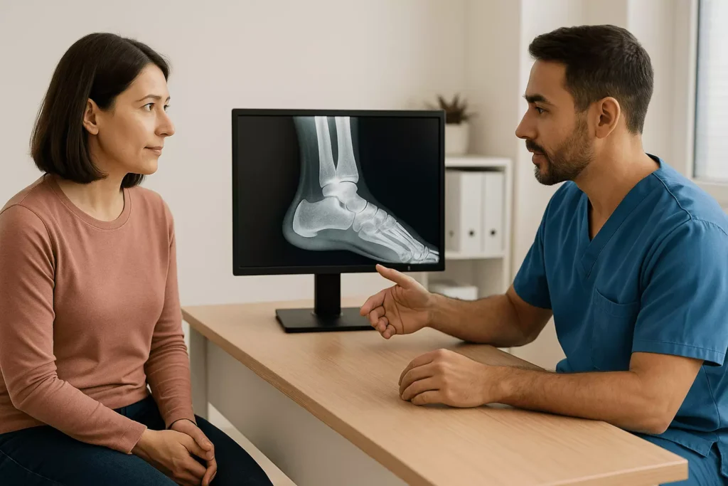Patient education session on heel pain causes and management Healthcare professional providing patient education on heel pain causes, symptoms, and treatment options