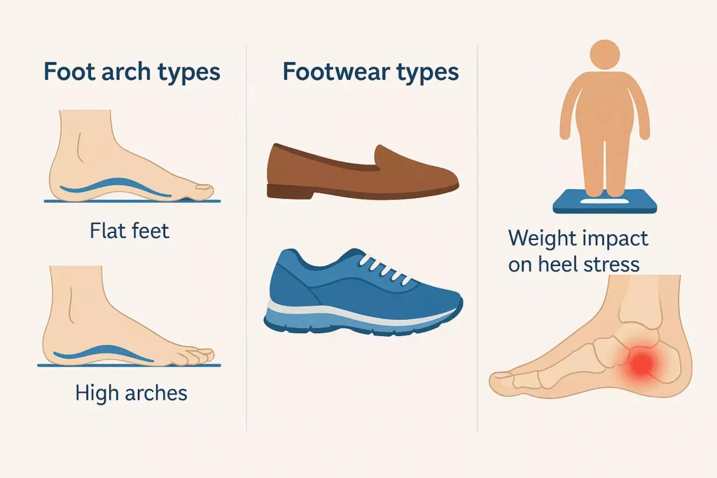 Risk factors including foot structure, footwear, and body weight affecting heel pain Infographic showing biomechanical risk factors like flat feet, high arches, improper footwear, and obesity influencing heel pain