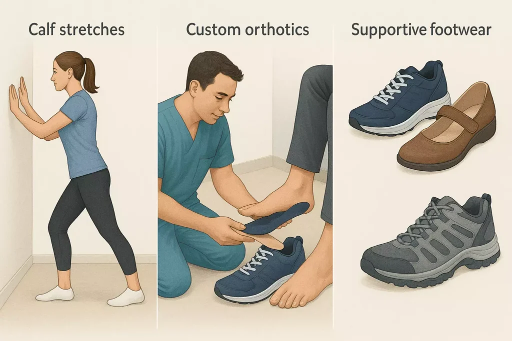 Calf stretching and orthotic support as preventive treatment for heel pain Patient engaging in calf stretching and orthotic fitting to prevent and manage plantar fasciitis and heel pain symptoms
