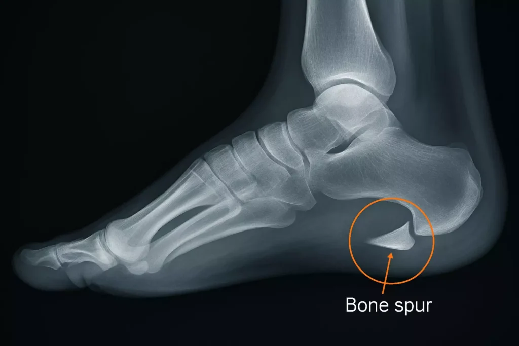 Heel spur bone growth contributing to inferior heel discomfort X-ray image depicting heel spur formation on the calcaneus contributing to chronic heel pain conditions