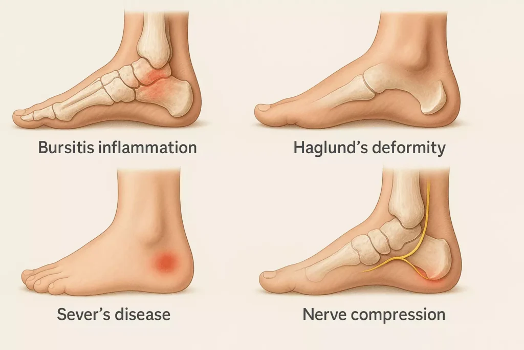 Visual guide to less common heel pain causes and their anatomical effects Composite medical graphics of rare heel pain causes including bursitis, Haglund’s deformity, Sever’s disease, and tarsal tunnel syndrome.