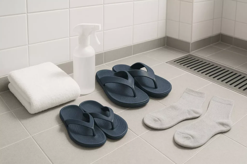 Visual guide to nail hygiene including post-shower disinfection, sock breathability, and communal foot protection strategies