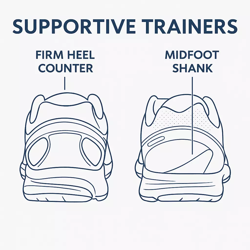 Footwear that supports the arch Supportive footwear with firm heel counter to reduce excessive pronation