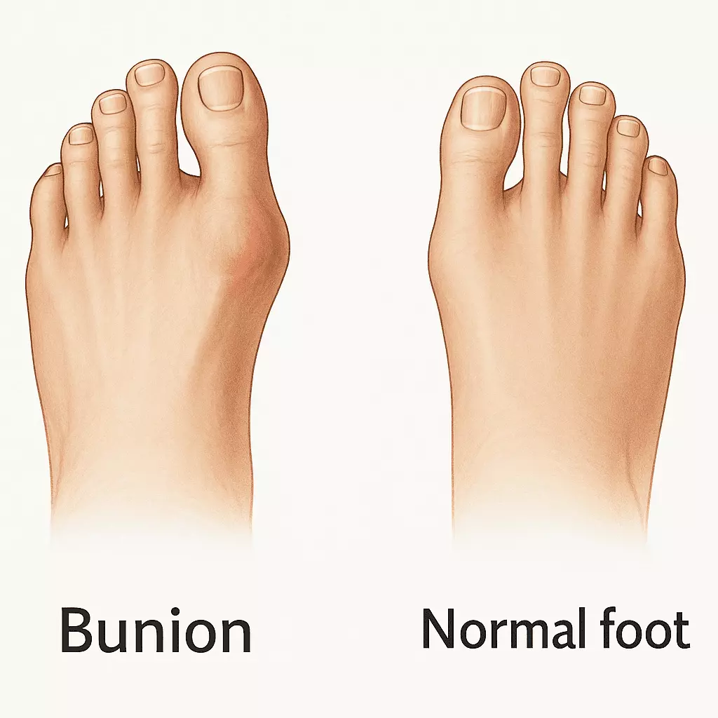 Medical diagram showing common foot deformities such as a bunion.