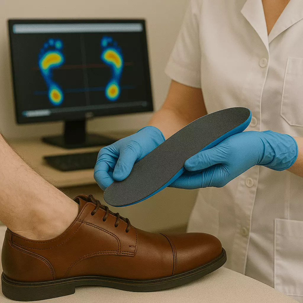Custom foot orthotics being fitted following gait analysis to correct biomechanical issues