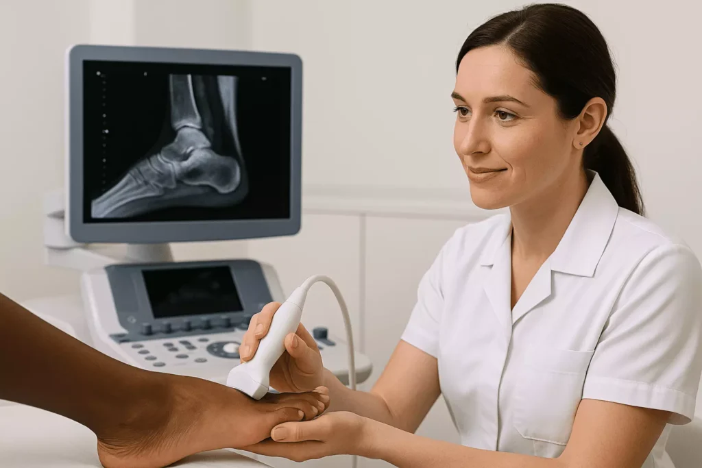 Diagnostic imaging of dorsal foot including ultrasound scan for tendonitis and MRI for Lisfranc injury