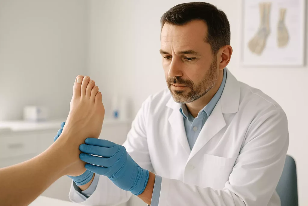 Podiatric surgeon assessing foot condition before recommending surgical intervention