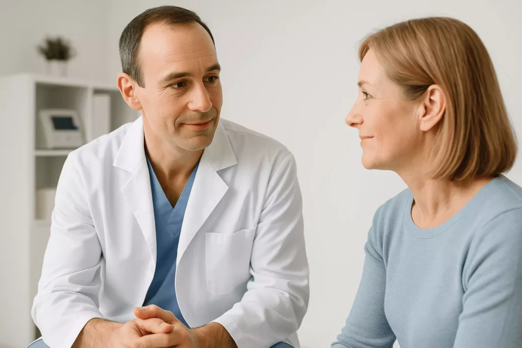 Podiatric surgeon answering patient questions about surgical options and outcomes