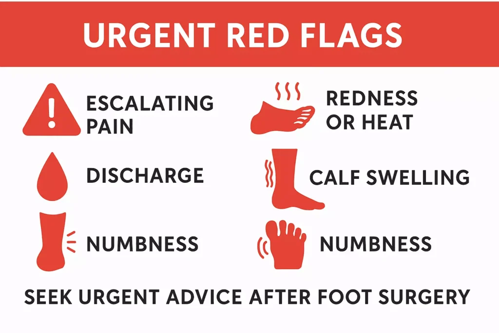 Post-op red flags Warning signs after foot surgery requiring urgent advice