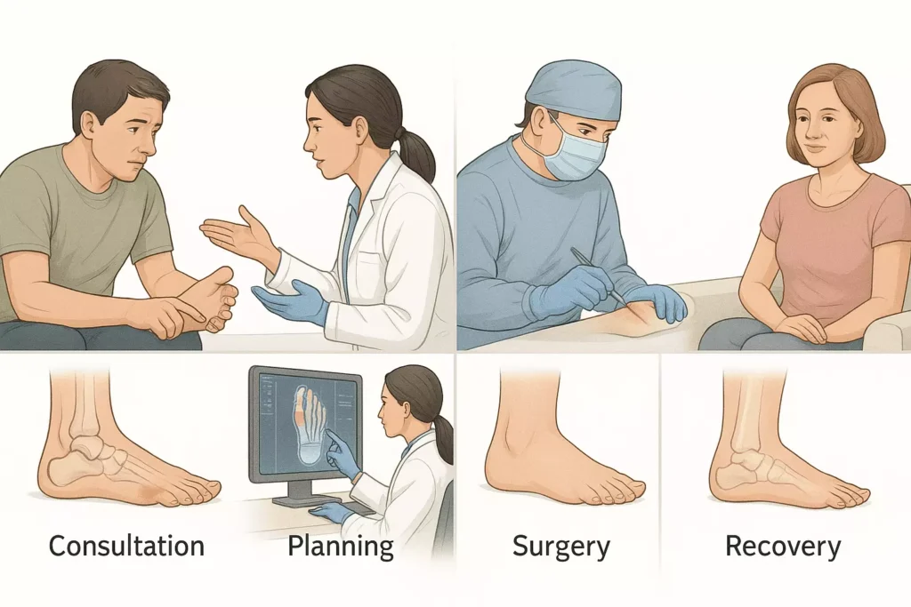 Infographic outlining the foot surgery process from consultation to rehabilitation