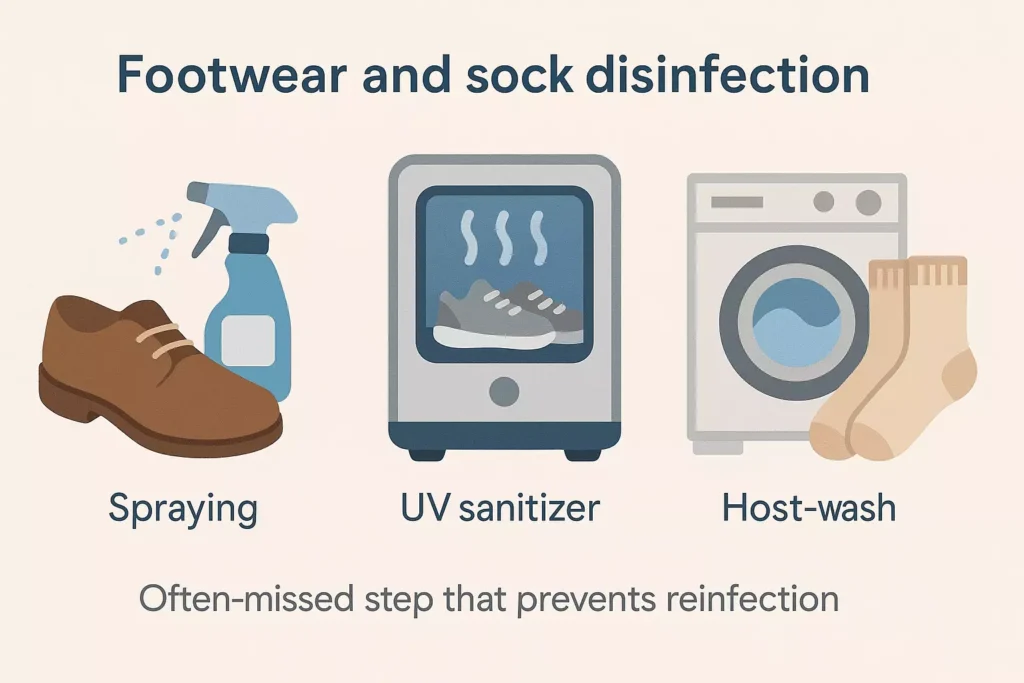 Footwear and sock disinfection Disinfecting footwear and socks to remove residual spores