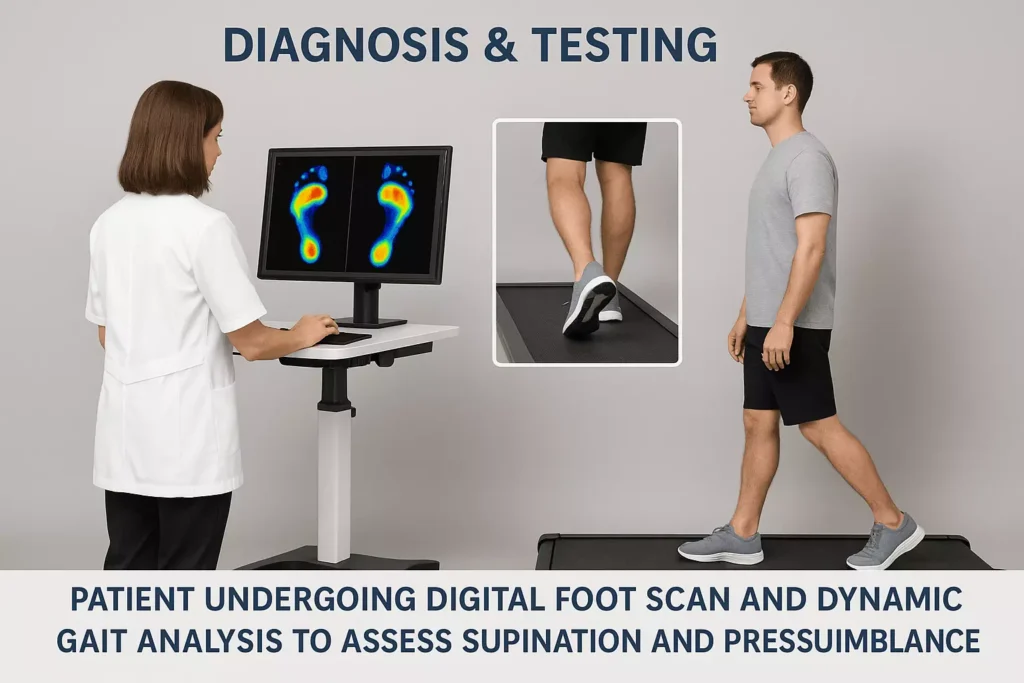 Patient undergoing digital foot scan and dynamic gait analysis to assess supination and pressure imbalance
