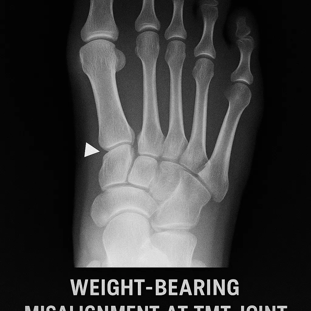 Imaging modalities for Lisfranc injury detection Diagnostic imaging for Lisfranc joint instability, highlighting misalignment in weight-bearing X-ray