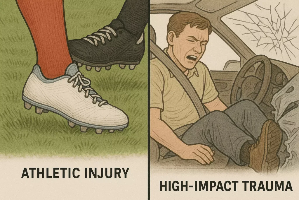 Injury patterns that lead to Lisfranc trauma Comparative depiction of high-impact trauma and low-energy torsional injuries as common causes of Lisfranc joint disruption