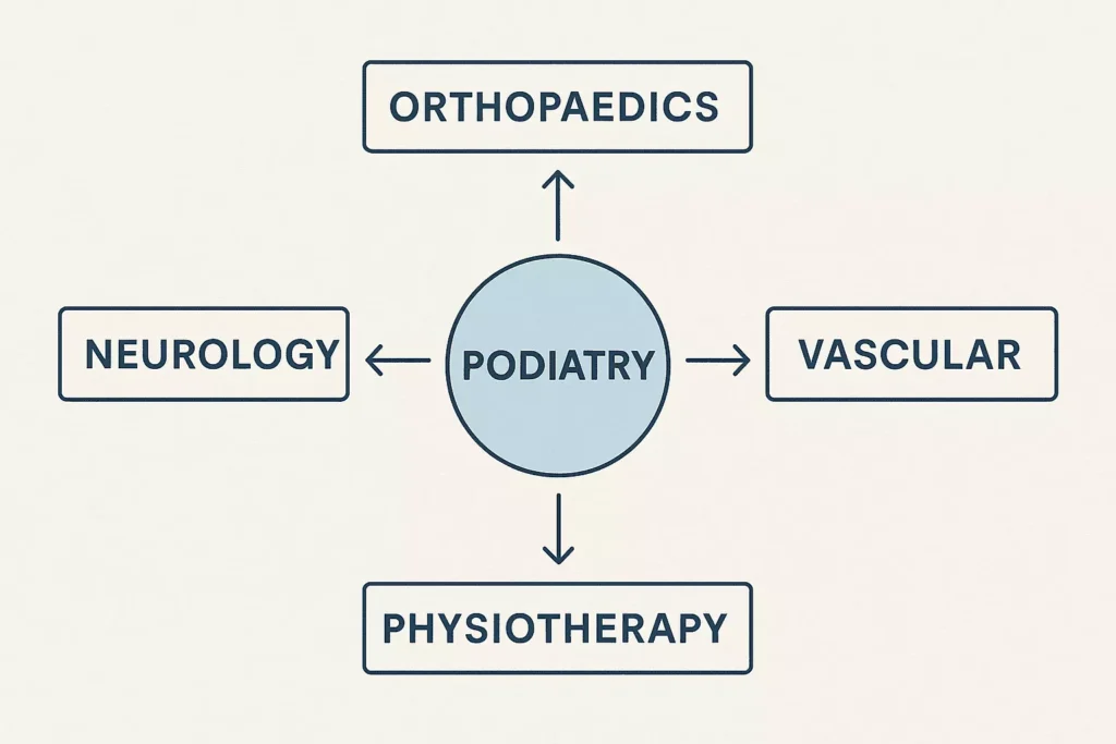 Podiatry referral pathways to orthopaedics, vascular specialists, neurology and physiotherapy in UK care
