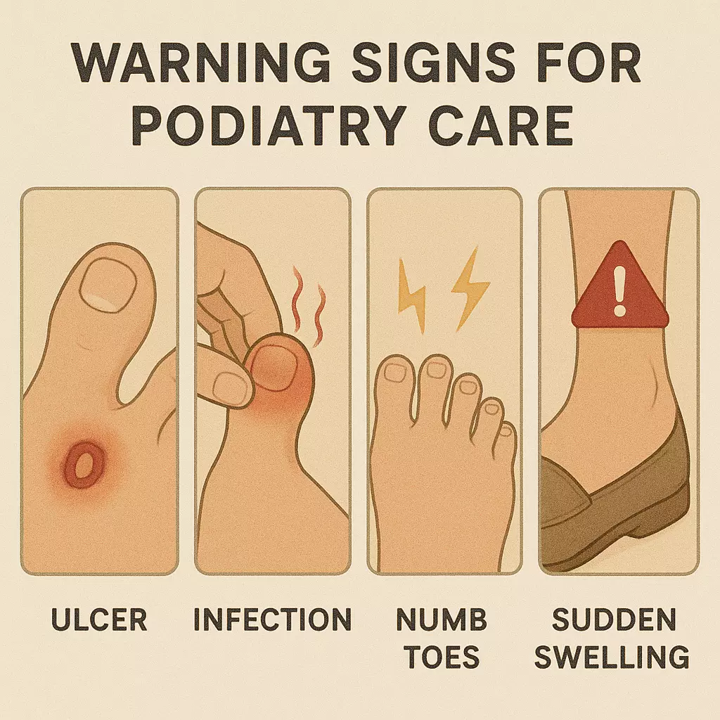 Warning signs for podiatry care—ulcer, infection, numbness, sudden pain or swelling