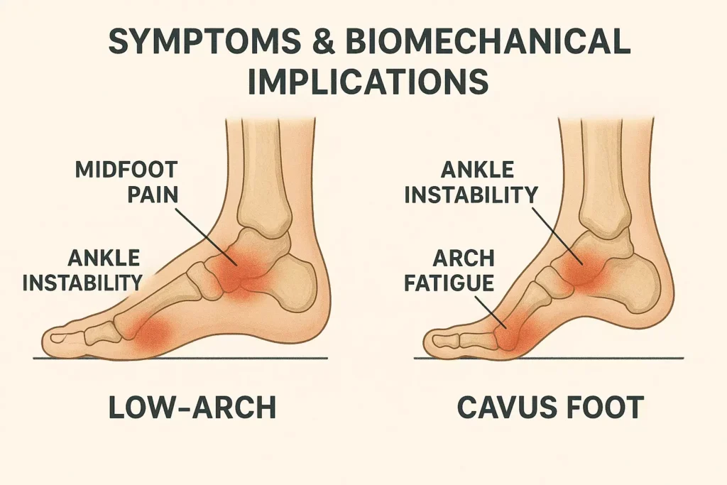 Visual reference for midfoot pain, ankle instability, and arch fatigue across different foot types