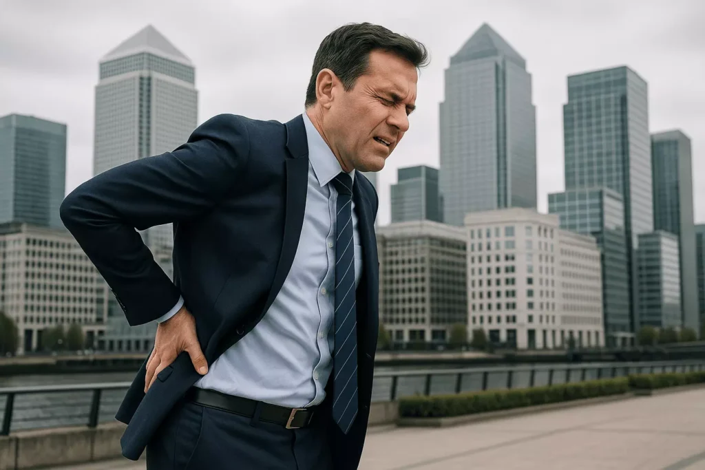 What back pain feels like in Canary Wharf’s workforce Professional in business district experiencing lumbar discomfort due to prolonged sedentary posture