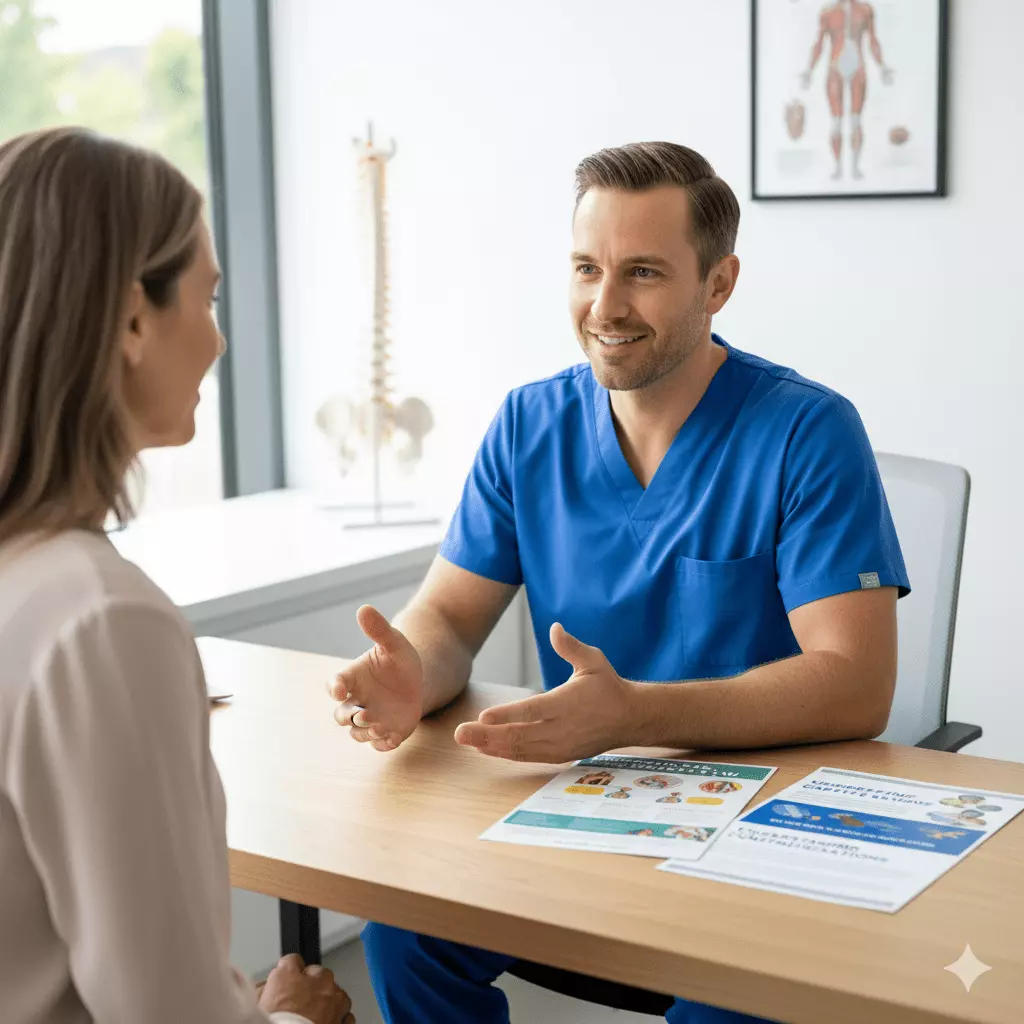 Chiropractor responding to patient concerns about chiropractic contraindications and safety