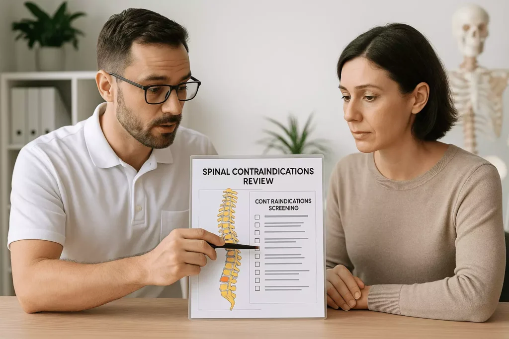 Chiropractic consultation highlighting clinical risk evaluation and spinal contraindication review