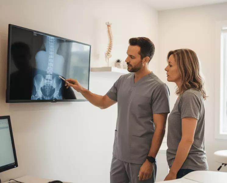 Chiropractic evaluation of spinal dysfunction Chiropractor analysing spinal scan and discussing treatment triggers with patient