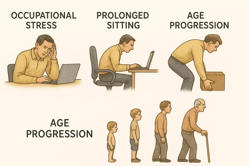 Illustration showing ergonomic risks, age progression, and postural misalignments affecting spinal discs
